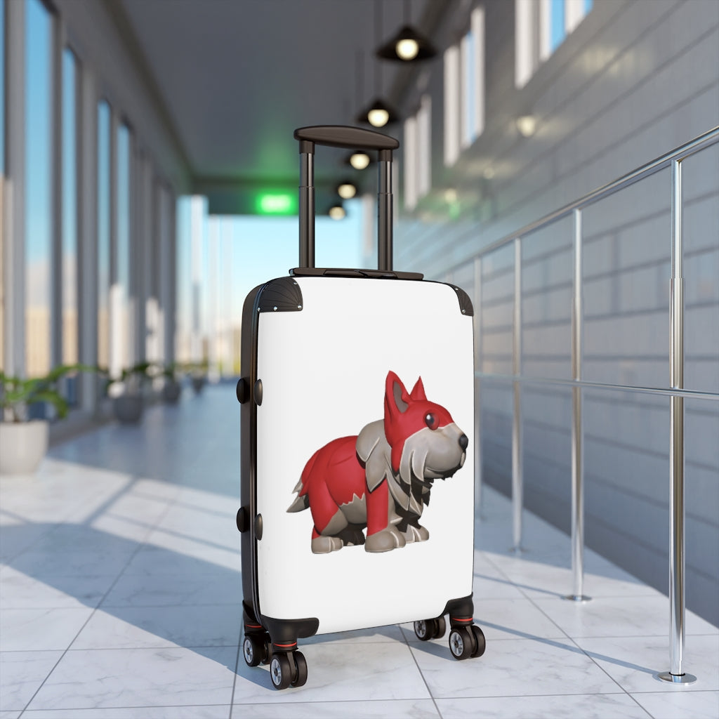 Red Dog Cabin Suitcase in personalized faux leather with adjustable handle and double wheels.