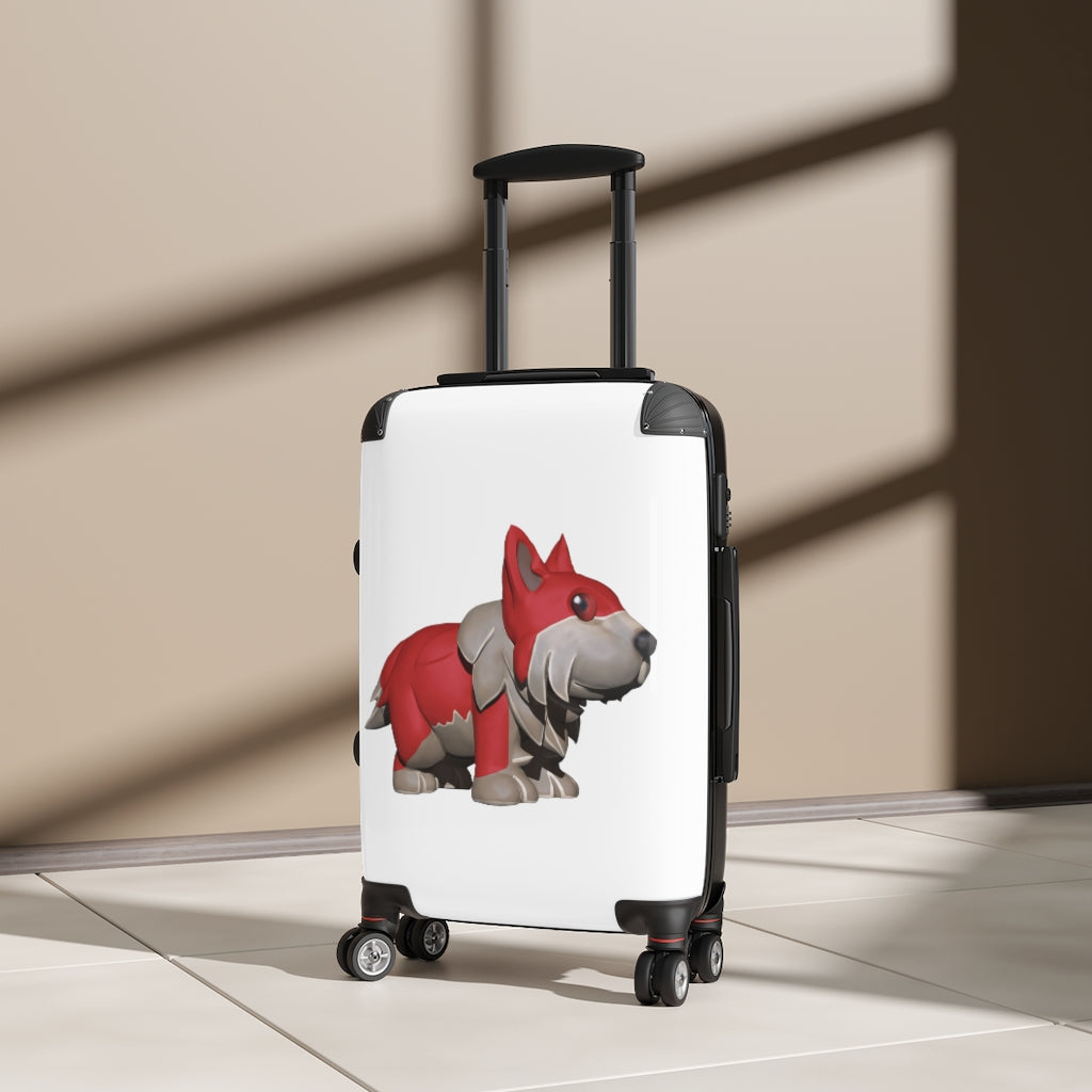 Red Dog Cabin Suitcase in personalized faux leather with adjustable handle and double wheels.