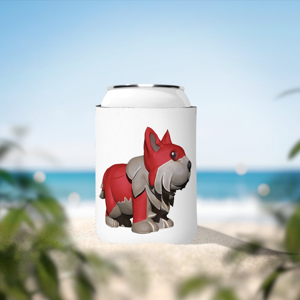 Red Dog Can Cooler Sleeve made of durable neoprene, designed to fit standard 12 oz cans with a customizable exterior.