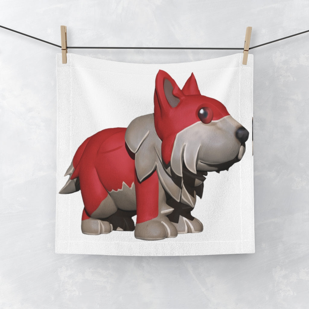 Red Dog Face Towel featuring a customizable polyester front and soft cotton back, ideal for bathroom use.