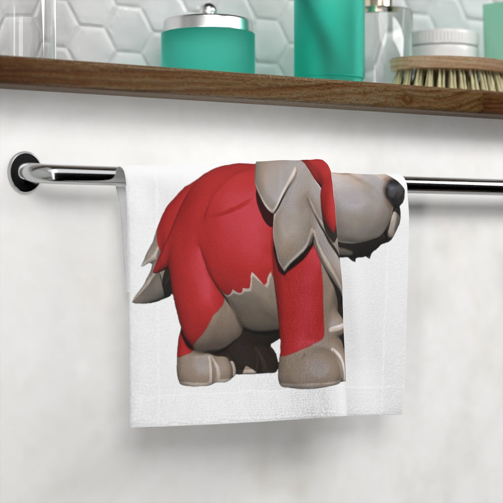 Red Dog Face Towel featuring a customizable polyester front and soft cotton back, ideal for bathroom use.