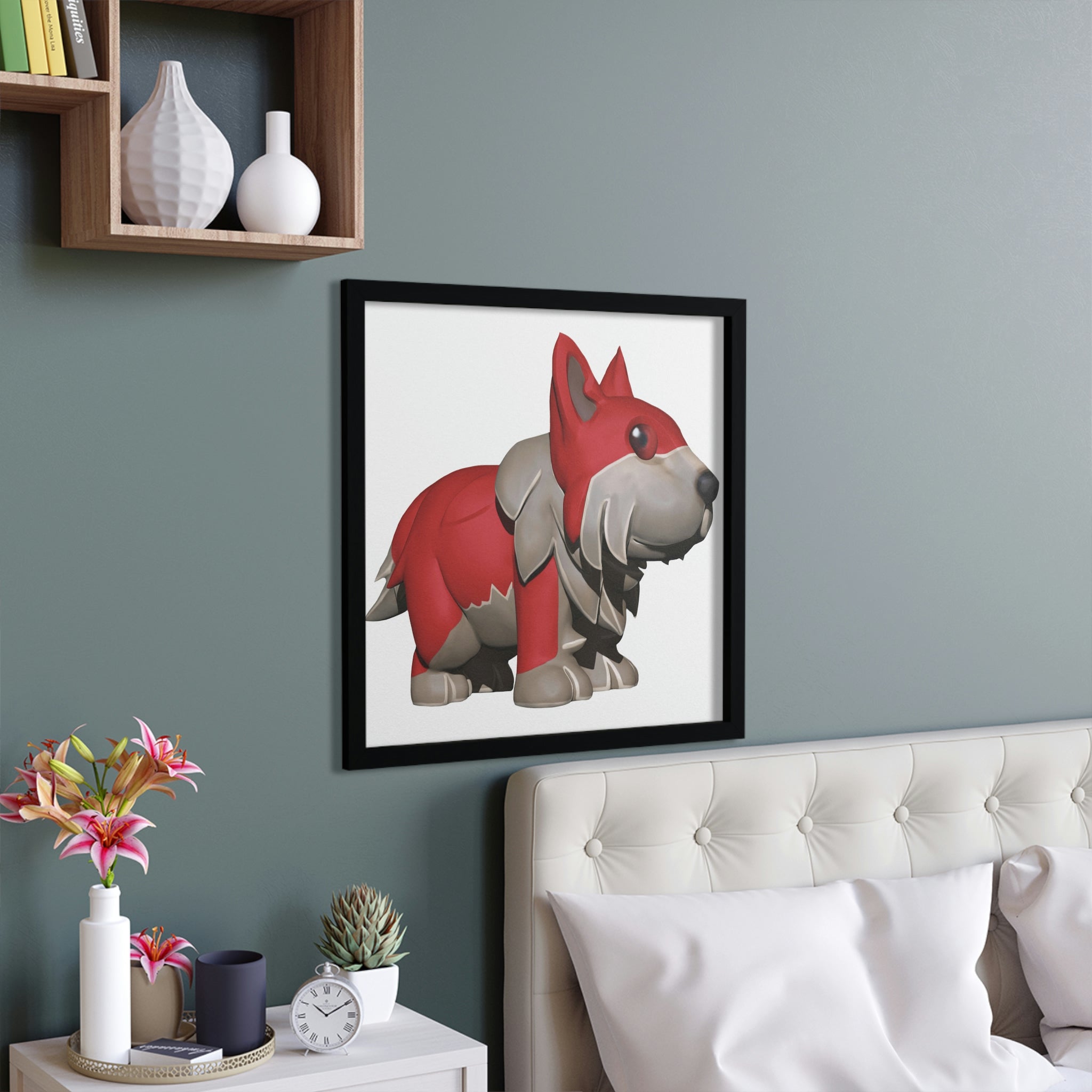 A beautifully framed Red Dog poster showcasing vibrant colors and a hand-crafted wooden frame, perfect for home decor.