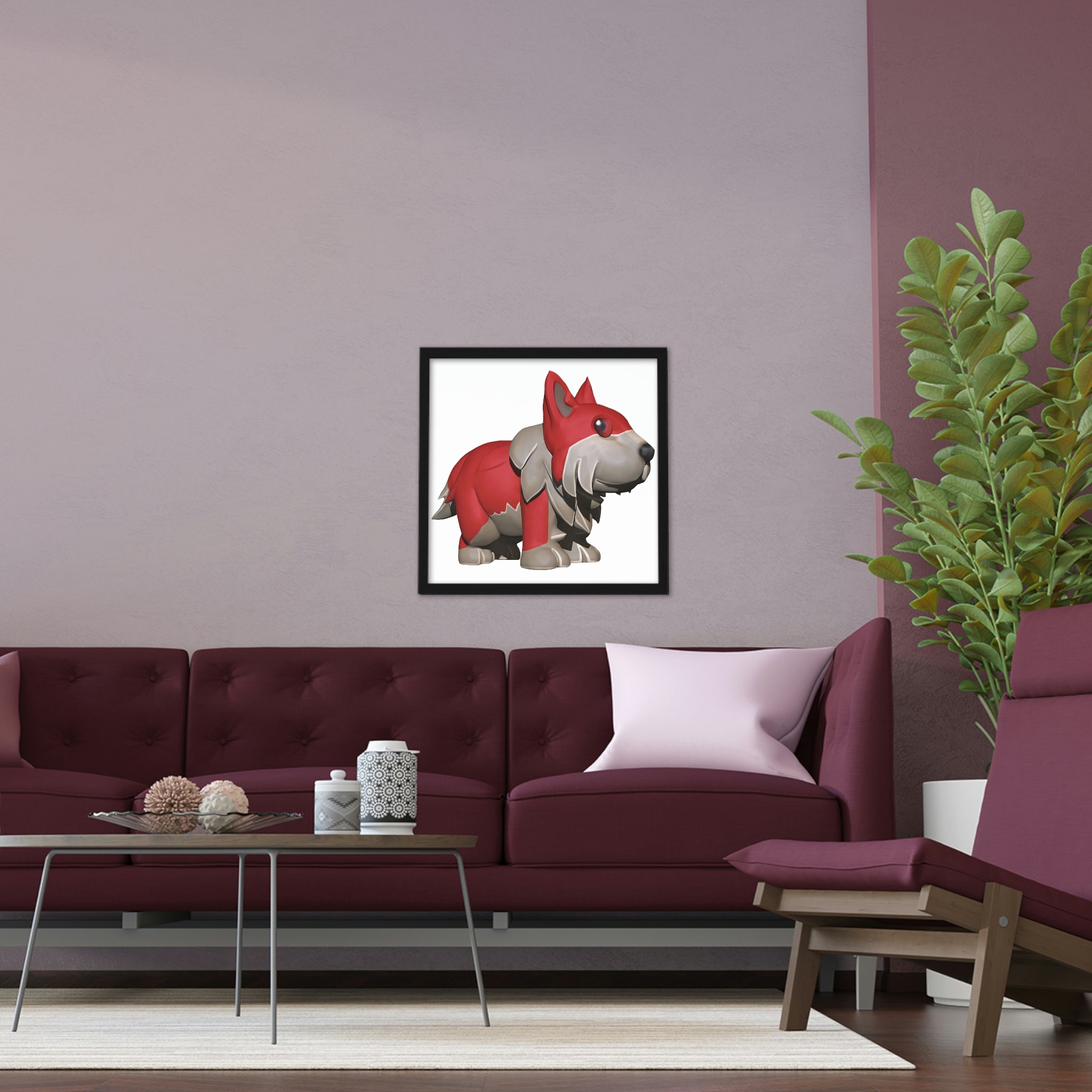 A beautifully framed Red Dog poster showcasing vibrant colors and a hand-crafted wooden frame, perfect for home decor.