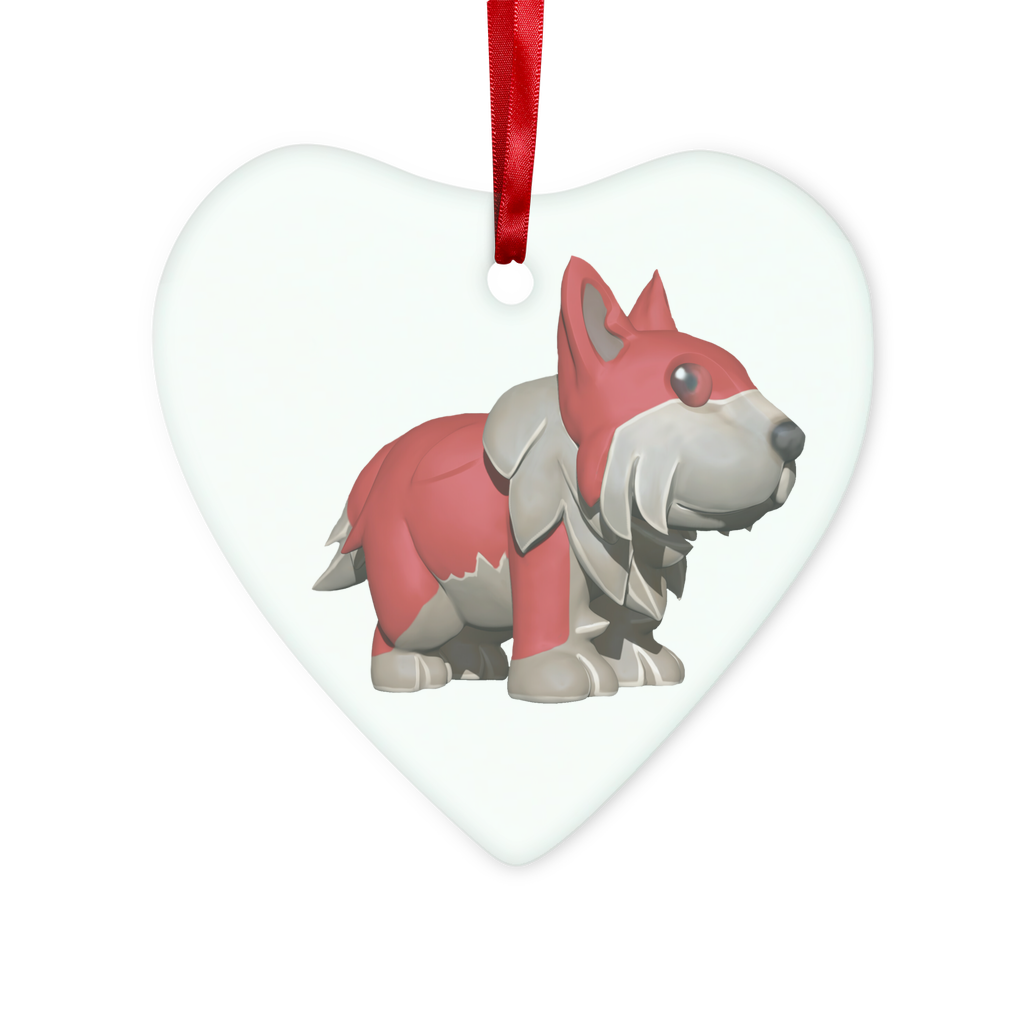 Red Dog Glass Hanging Ornament with red ribbon and gold string, available in round and heart shapes, beautifully packaged.