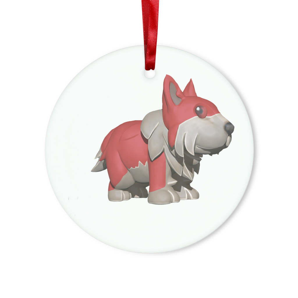 Red Dog Glass Hanging Ornament with red ribbon and gold string, available in round and heart shapes, beautifully packaged.