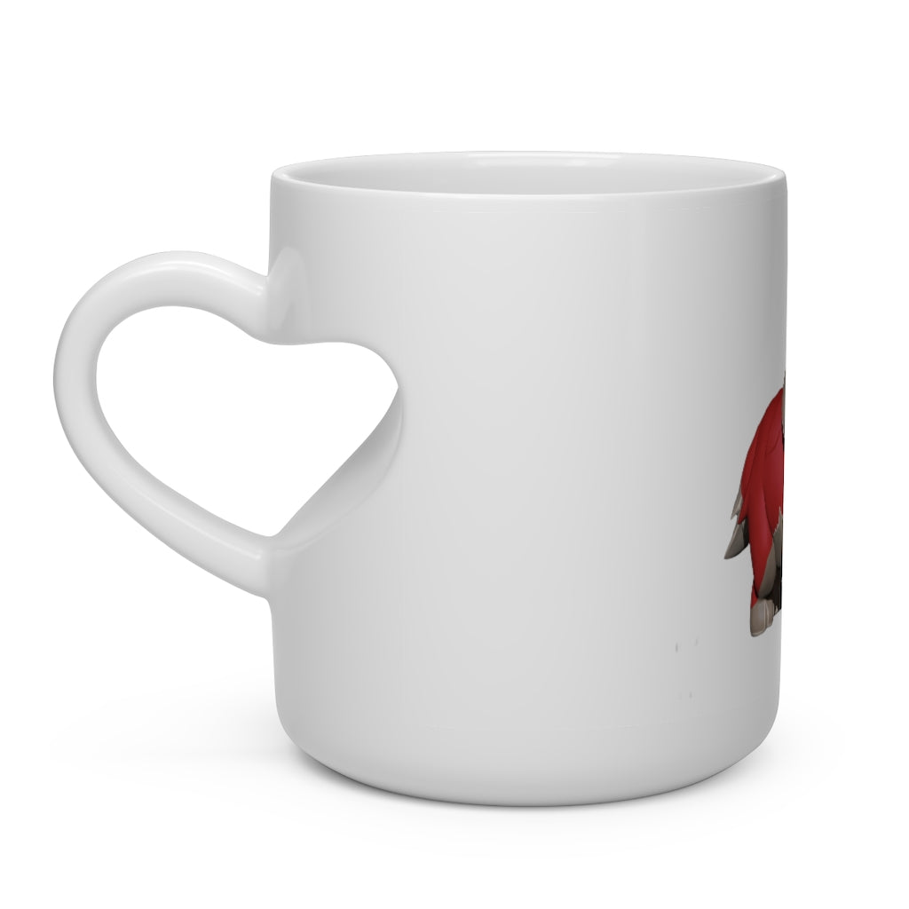 A white ceramic heart-shaped mug with a heart-shaped handle, perfect for hot beverages.