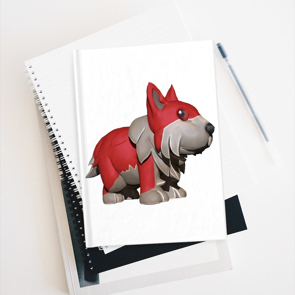 Red Dog Journal with blank pages and colorful wraparound print, showcasing its hardcover design.