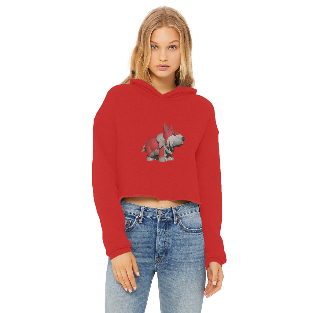 Red Dog Ladies Cropped Raw Edge Hoodie featuring a stylish cropped design with raw edge hem and double fabric hood.