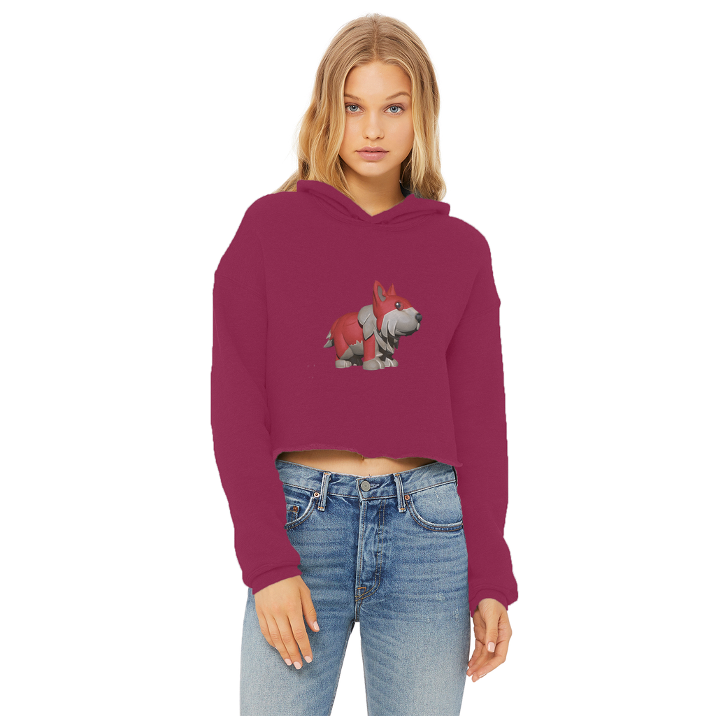 Red Dog Ladies Cropped Raw Edge Hoodie featuring a stylish cropped design with raw edge hem and double fabric hood.