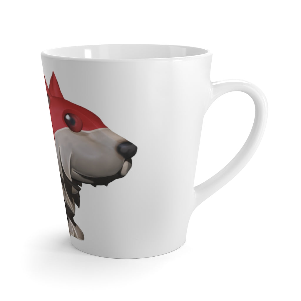 Red Dog Latte Mug in white ceramic with rounded corners and C-handle, showcasing vibrant sublimation printing.