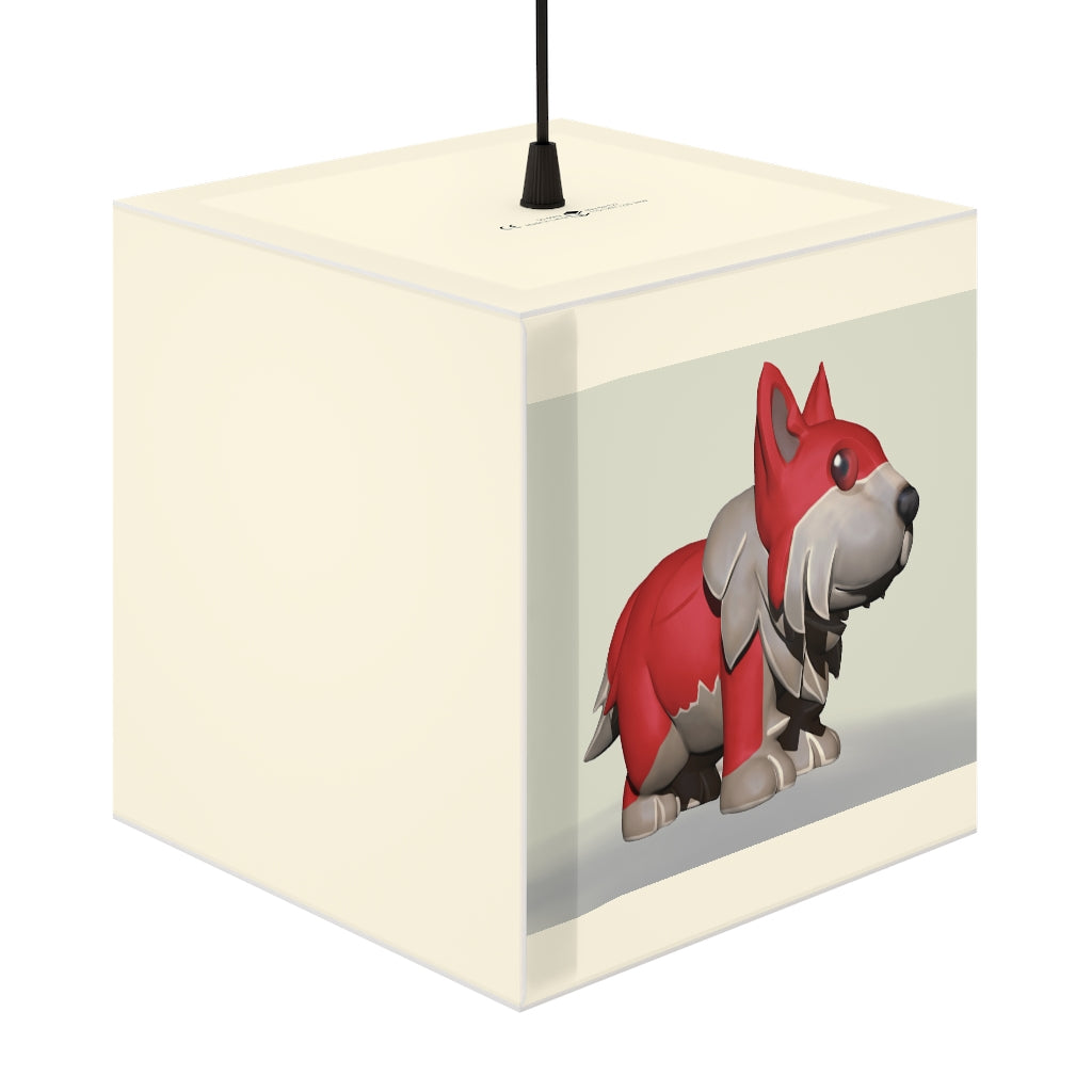 A stylish Red Dog Personalized Lamp in a cube shape, showcasing its unique design and soft glow, perfect for home or shop decor.