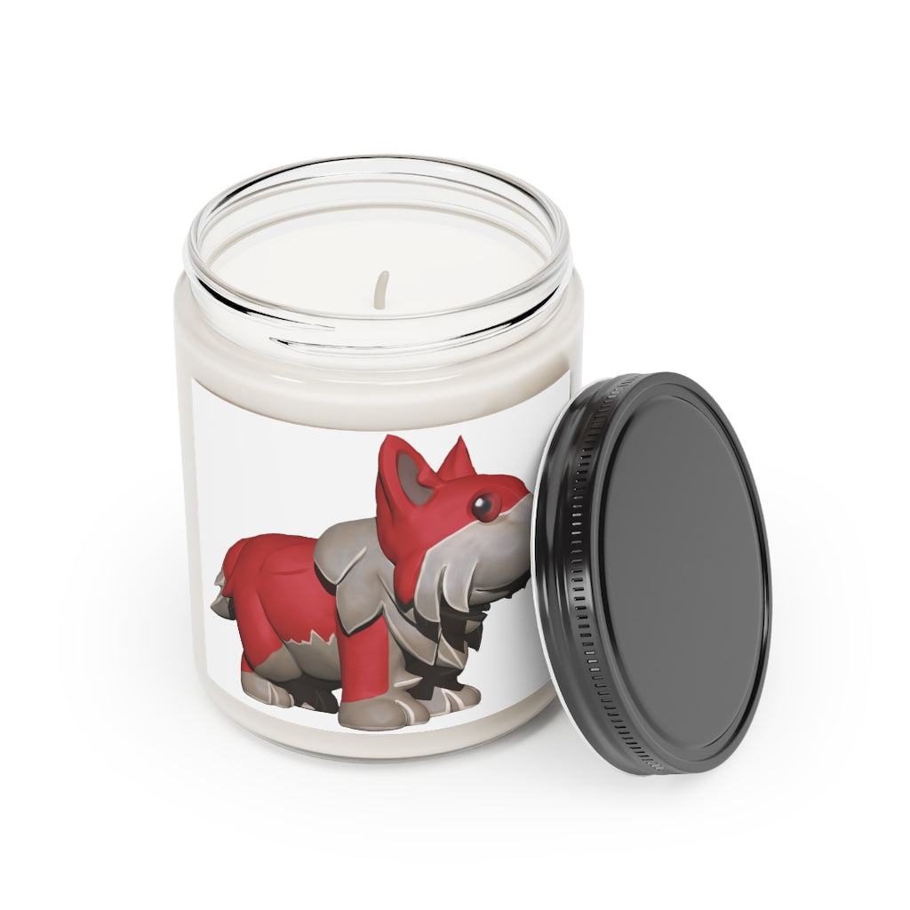 Red Dog Scented Candle in a glass container, featuring a permanent adhesive label, available in Cinnamon Stick and Vanilla fragrances.