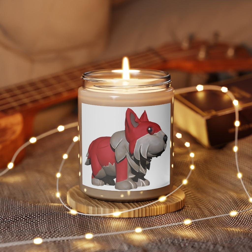 Red Dog Scented Candle in a glass container, featuring a permanent adhesive label, available in Cinnamon Stick and Vanilla fragrances.