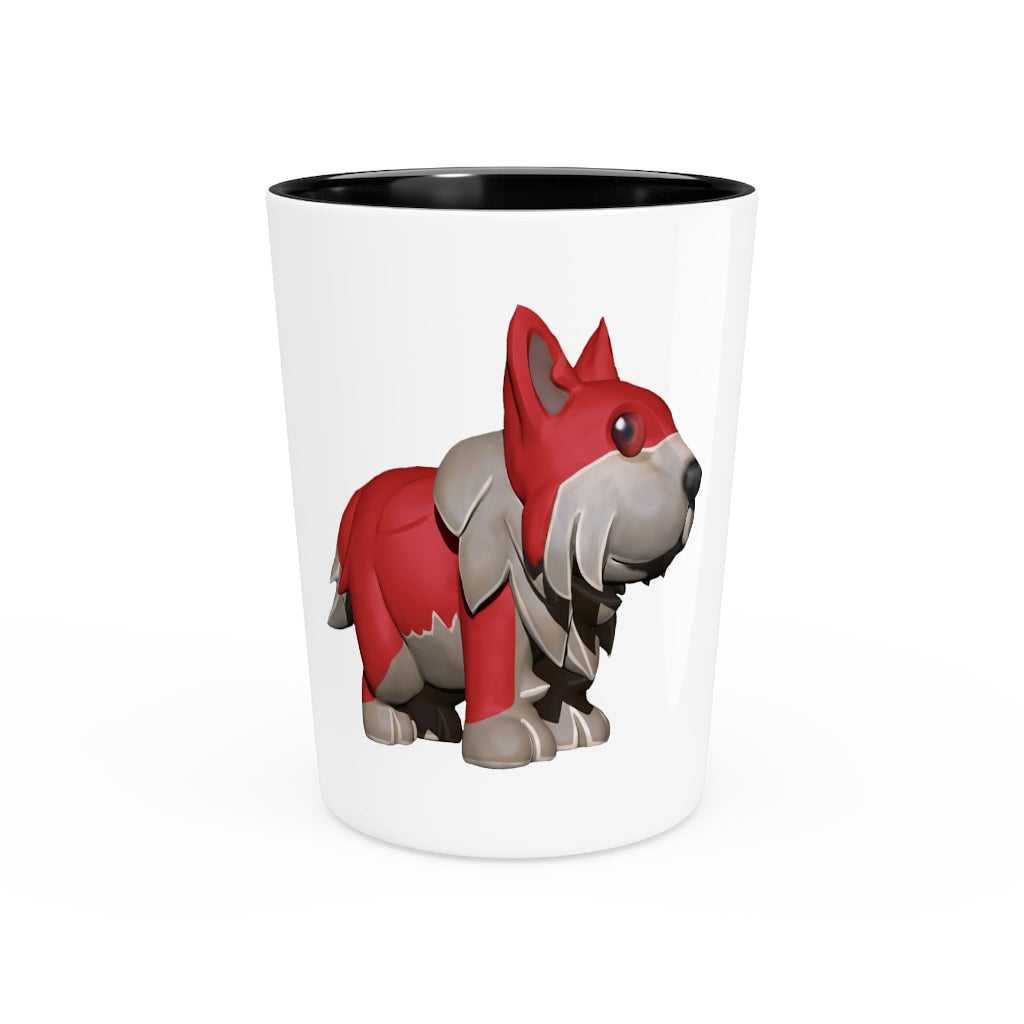 Personalized Red Dog Shot Glass with white ceramic and customizable interior options.