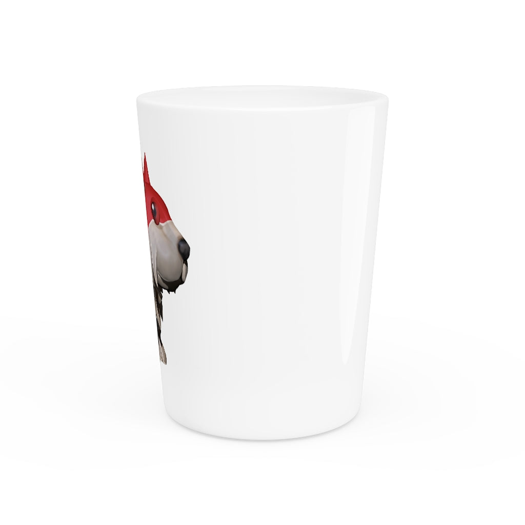 Personalized Red Dog Shot Glass with white ceramic and customizable interior options.