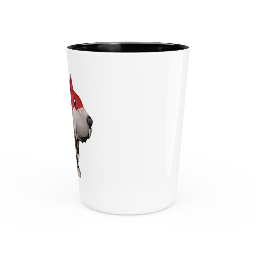 Personalized Red Dog Shot Glass with white ceramic and customizable interior options.