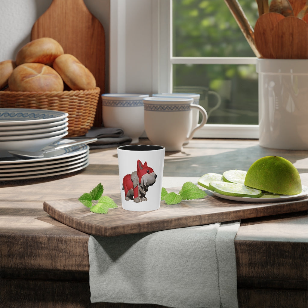 Personalized Red Dog Shot Glass with white ceramic and customizable interior options.