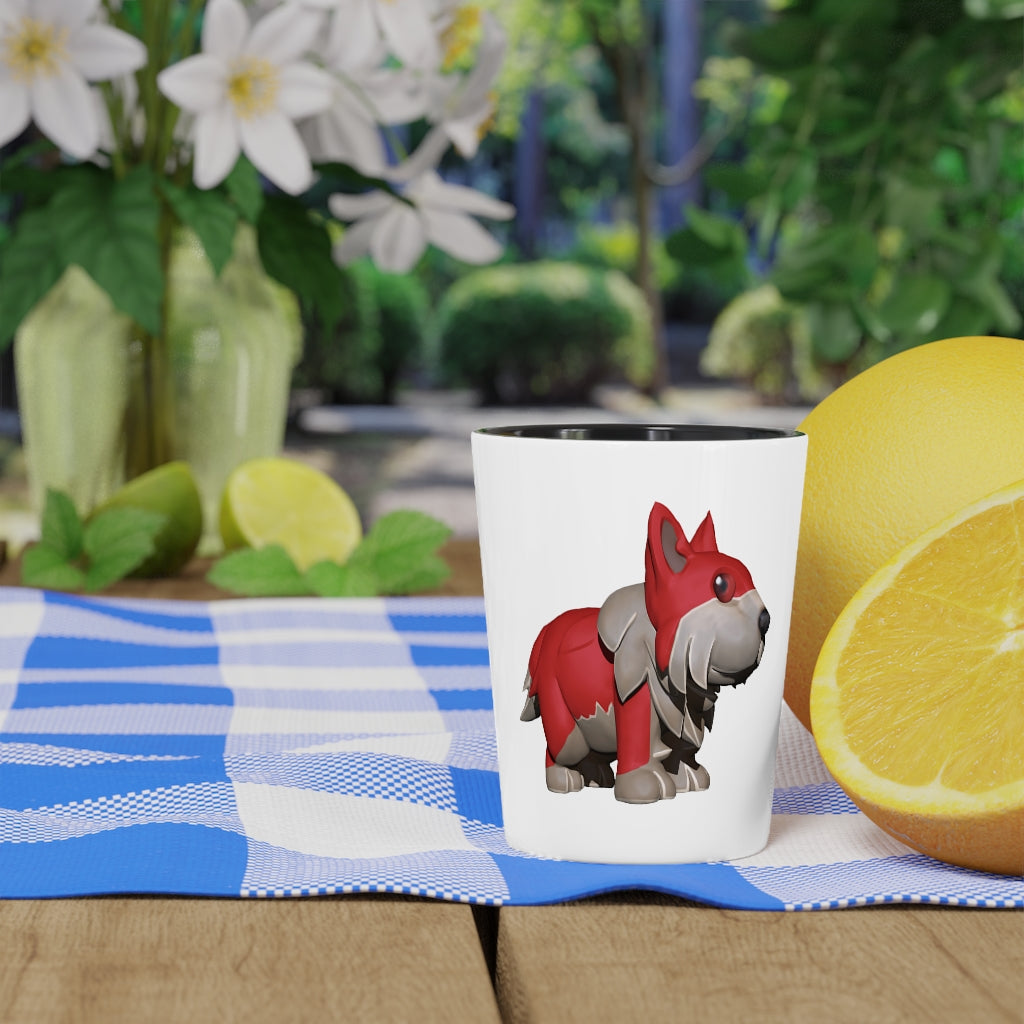 Personalized Red Dog Shot Glass with white ceramic and customizable interior options.