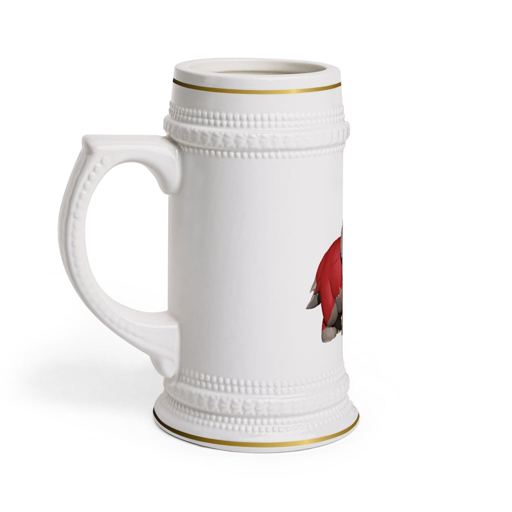 Red Dog Stein Mug made of durable white ceramic with ribbed outlines, perfect for custom designs.