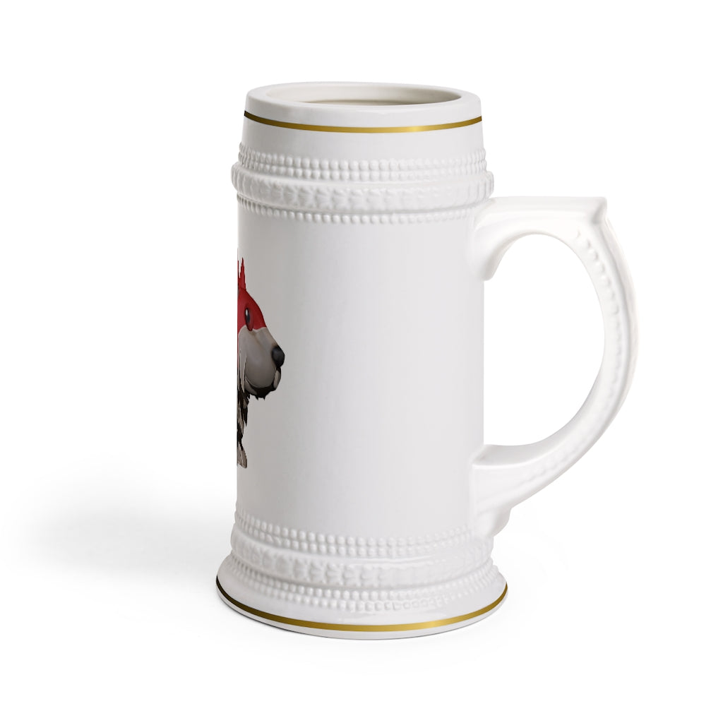 Red Dog Stein Mug made of durable white ceramic with ribbed outlines, perfect for custom designs.