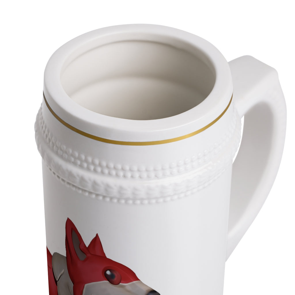 Red Dog Stein Mug made of durable white ceramic with ribbed outlines, perfect for custom designs.