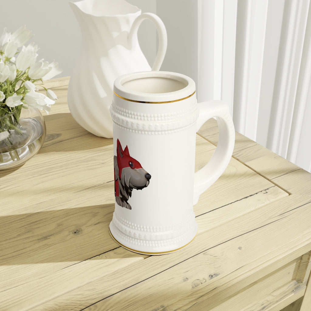 Red Dog Stein Mug made of durable white ceramic with ribbed outlines, perfect for custom designs.