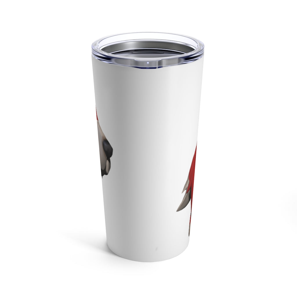 Red Dog Tumbler 20oz made of stainless steel with a see-thru plastic lid, showcasing its sleek design and rounded corners.