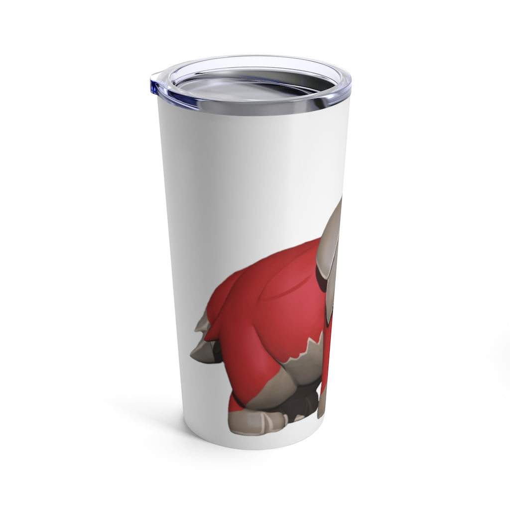 Red Dog Tumbler 20oz made of stainless steel with a see-thru plastic lid, showcasing its sleek design and rounded corners.