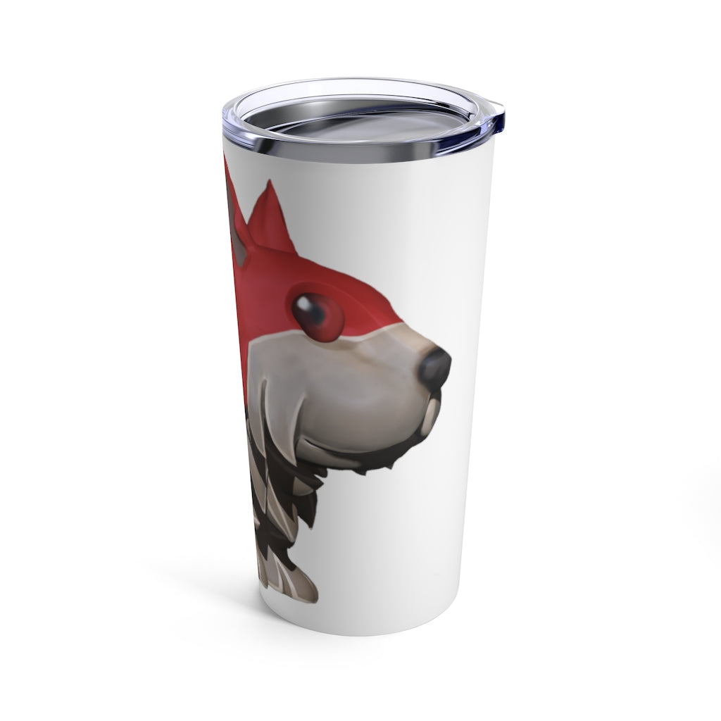 Red Dog Tumbler 20oz made of stainless steel with a see-thru plastic lid, showcasing its sleek design and rounded corners.