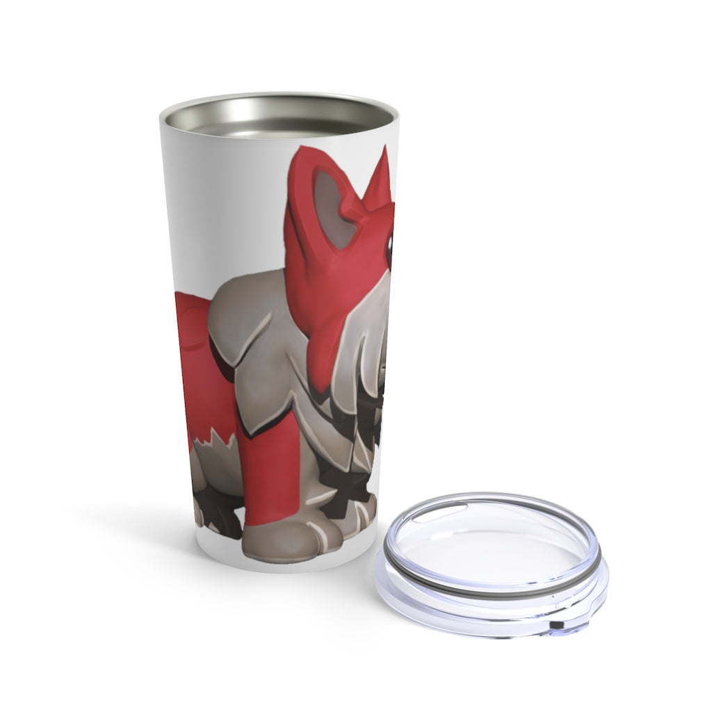 Red Dog Tumbler 20oz made of stainless steel with a see-thru plastic lid, showcasing its sleek design and rounded corners.