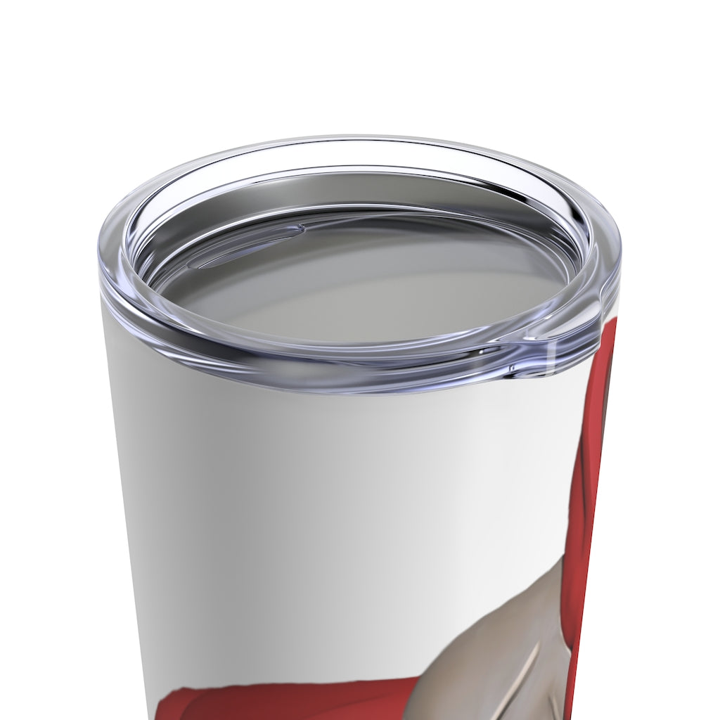 Red Dog Tumbler 20oz made of stainless steel with a see-thru plastic lid, showcasing its sleek design and rounded corners.