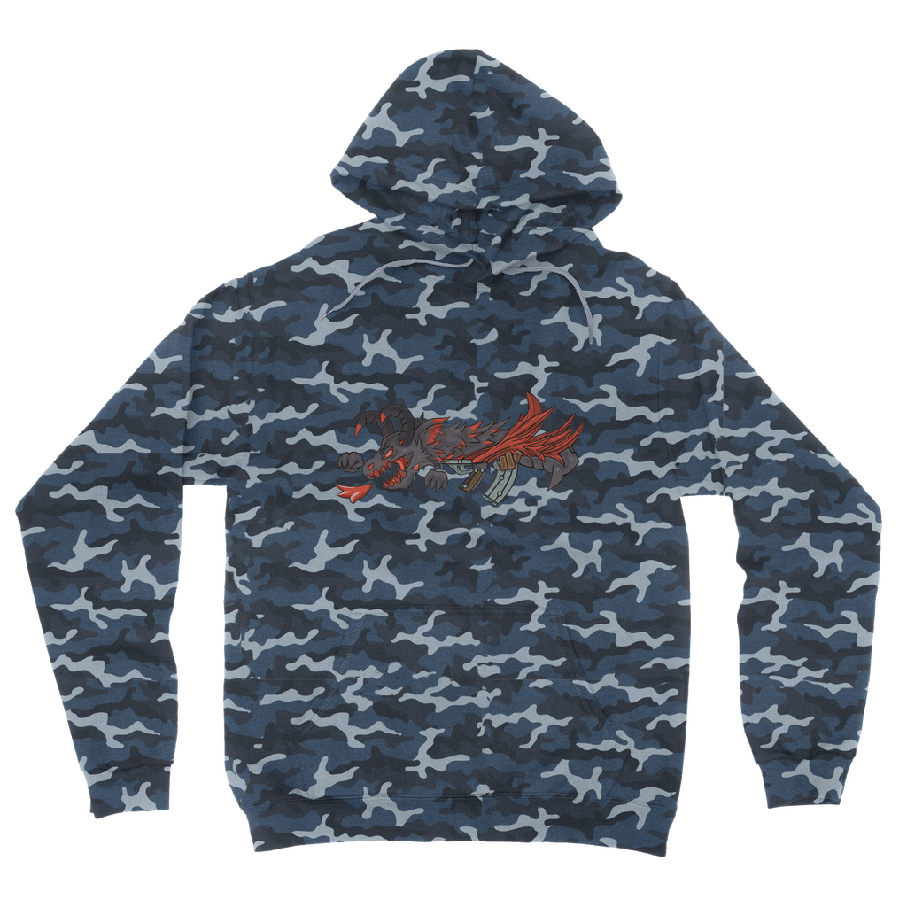 Red Dragon Gun Camouflage Adult Hoodie featuring an all-over camo design, flat lace drawcords, and kangaroo pouch pocket.