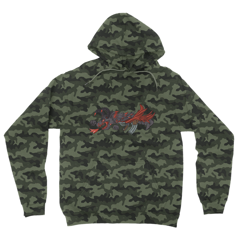 Red Dragon Gun Camouflage Adult Hoodie featuring an all-over camo design, flat lace drawcords, and kangaroo pouch pocket.