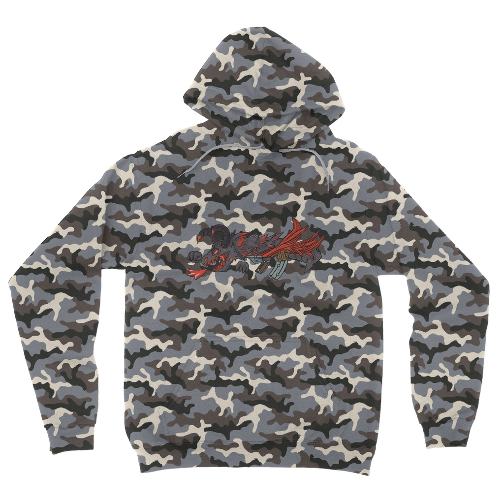 Red Dragon Gun Camouflage Adult Hoodie featuring an all-over camo design, flat lace drawcords, and kangaroo pouch pocket.