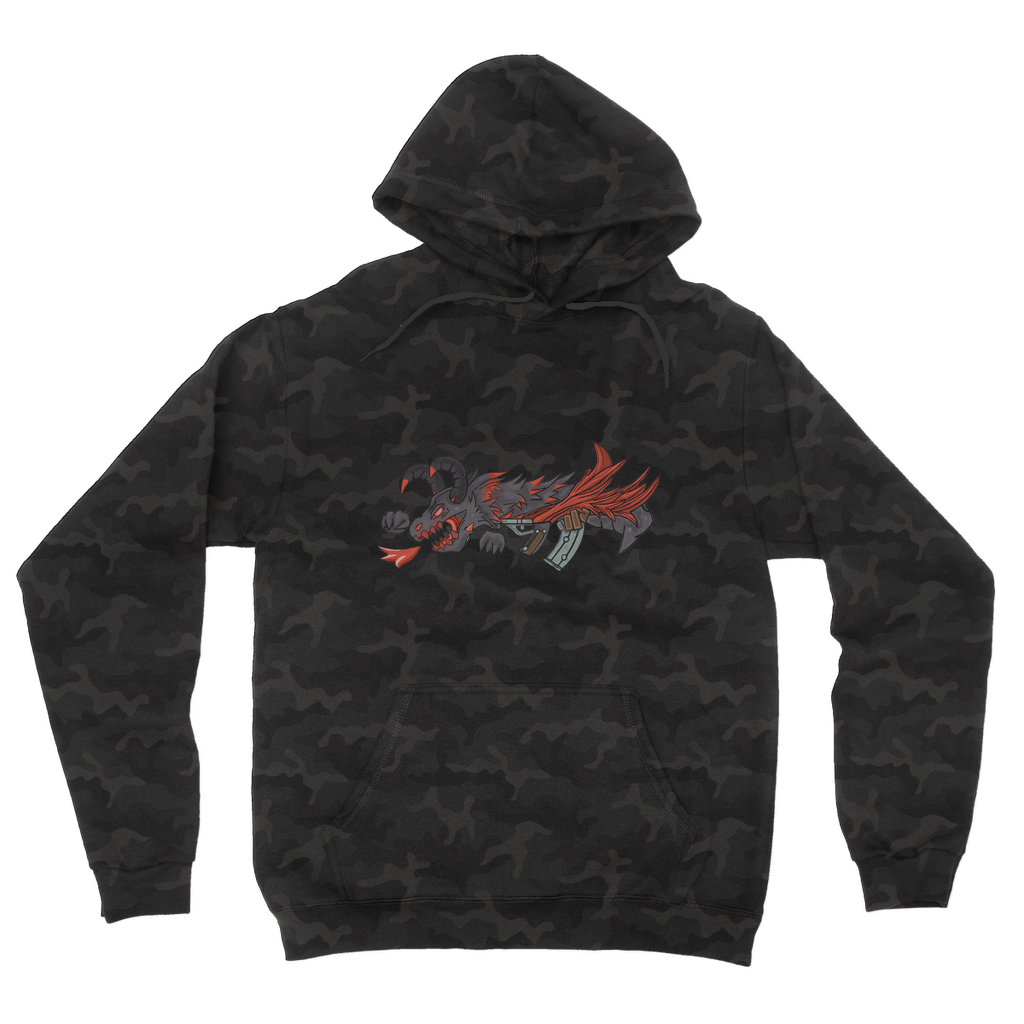 Red Dragon Gun Camouflage Adult Hoodie featuring an all-over camo design, flat lace drawcords, and kangaroo pouch pocket.