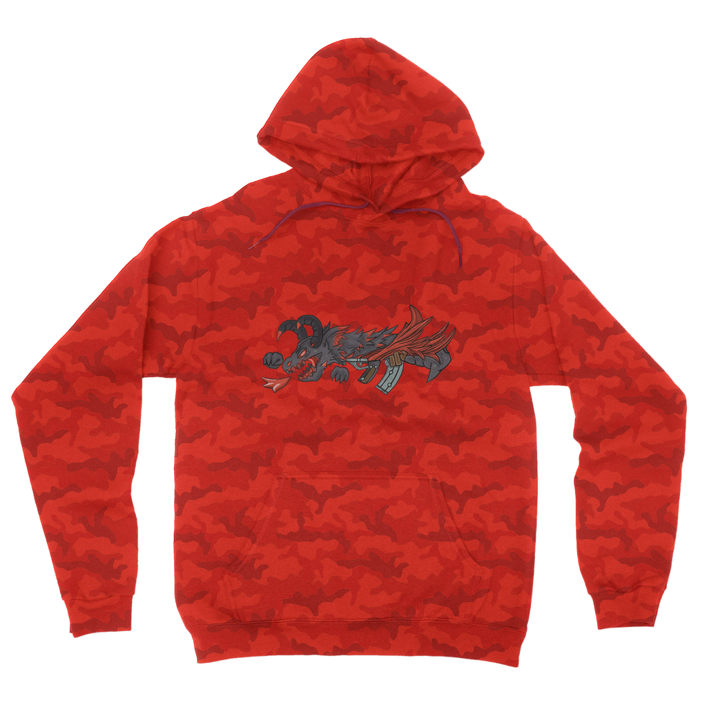 Red Dragon Gun Camouflage Adult Hoodie featuring an all-over camo design, flat lace drawcords, and kangaroo pouch pocket.