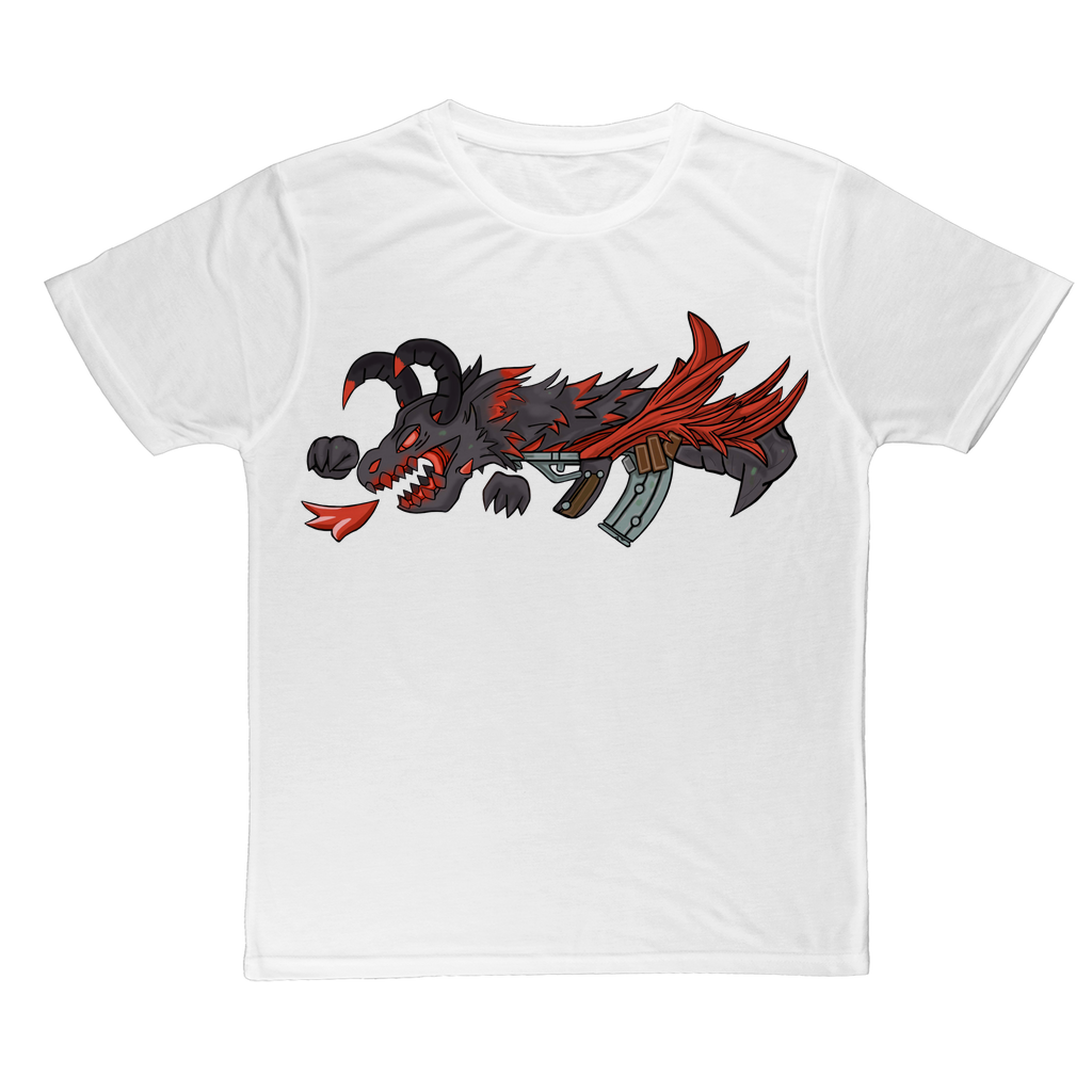 Red Dragon Gun Classic Sublimation Adult T-Shirt featuring vibrant colors and a soft polyester fabric, ideal for custom printing.