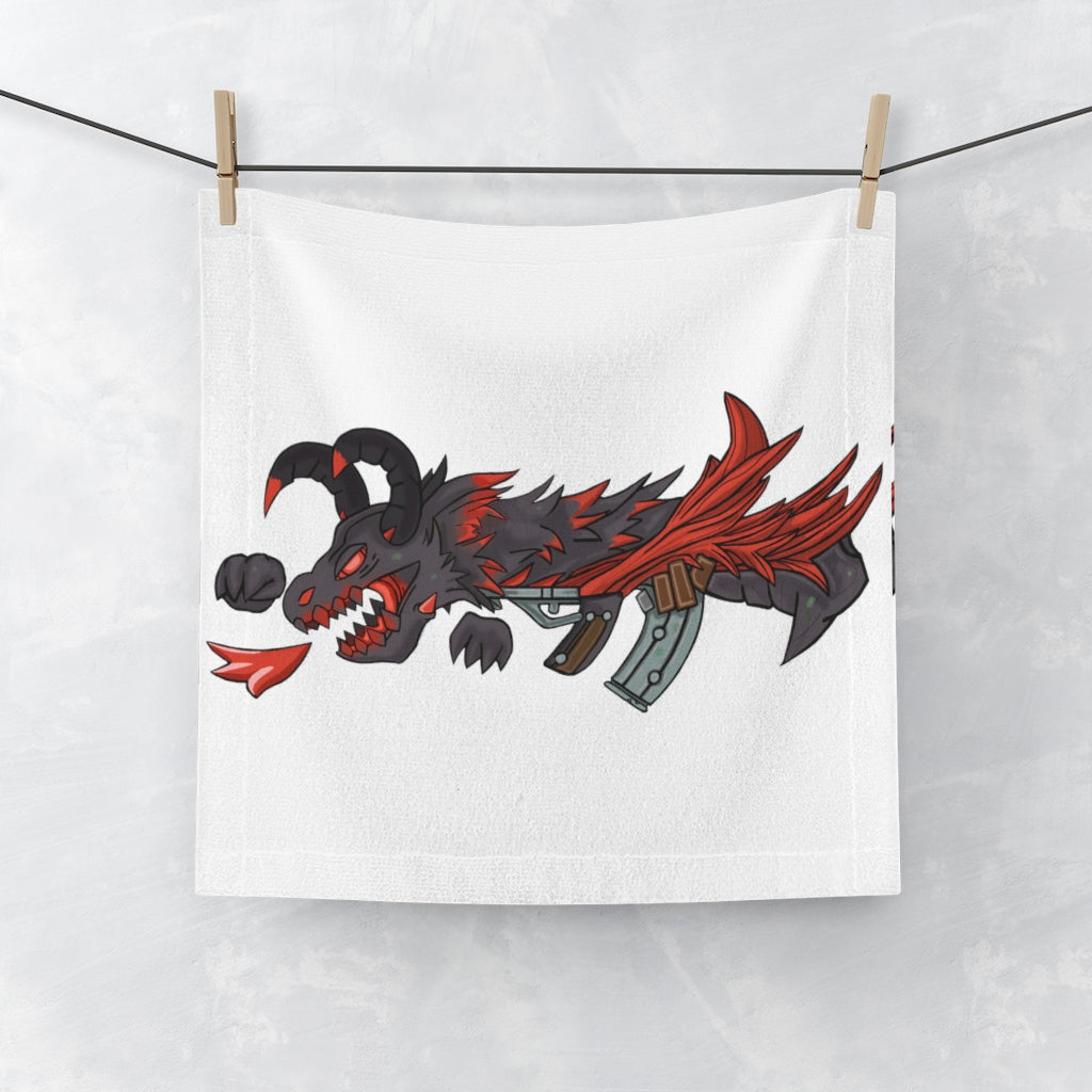 Red Dragon Gun Face Towel featuring a vibrant design on a polyester front and soft cotton back, ideal for customization.