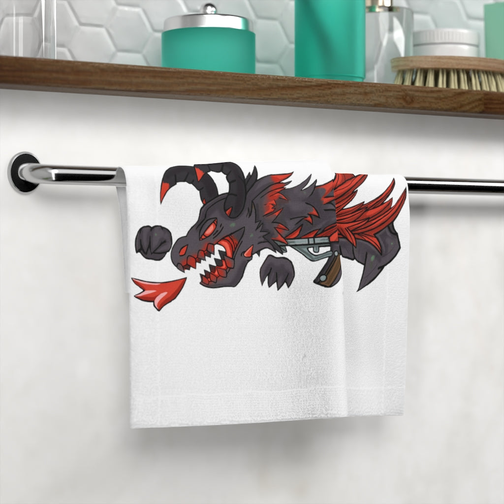 Red Dragon Gun Face Towel featuring a vibrant design on a polyester front and soft cotton back, ideal for customization.