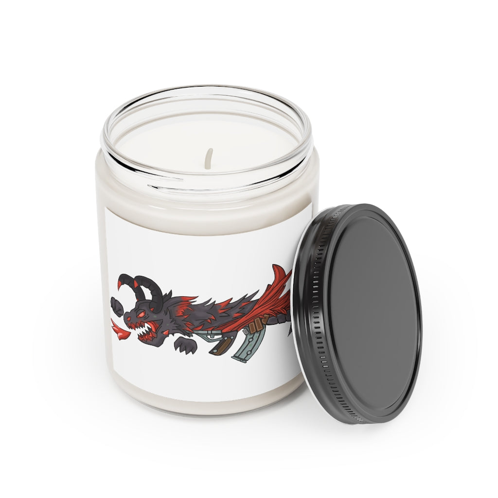 Red Dragon Gun Scented Candle in a glass container, featuring a permanent adhesive label, showcasing its warm Cinnamon Stick and Vanilla fragrances.