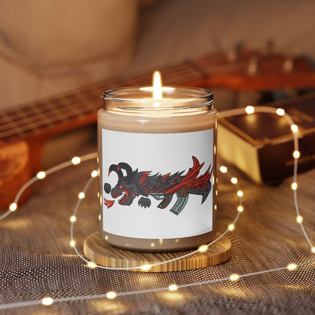 Red Dragon Gun Scented Candle in a glass container, featuring a permanent adhesive label, showcasing its warm Cinnamon Stick and Vanilla fragrances.