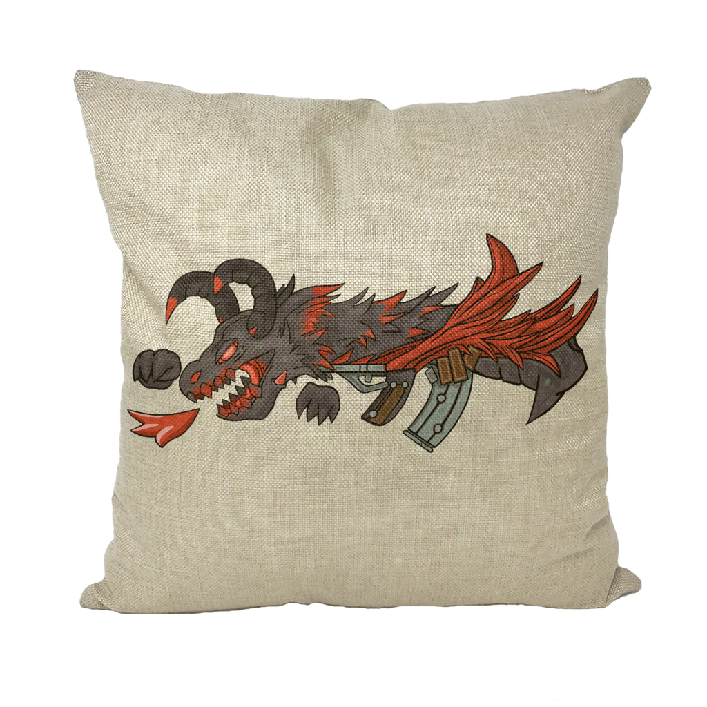 Red Dragon Gun Throw Pillows in various styles including linen, canvas, and suede, showcasing vibrant designs and high-quality materials.