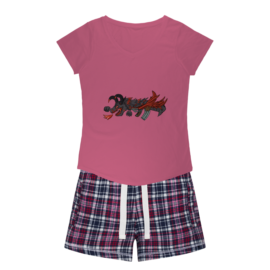 Red Dragon Gun Women's Sleepy Tee and Flannel Short set featuring a relaxed fit T-shirt and colorful flannel shorts, perfect for cozy nights.