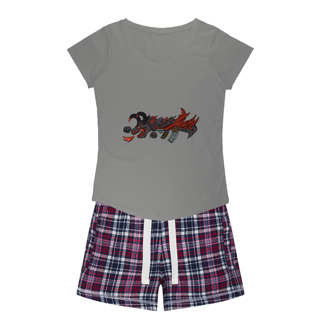 Red Dragon Gun Women's Sleepy Tee and Flannel Short set featuring a relaxed fit T-shirt and colorful flannel shorts, perfect for cozy nights.