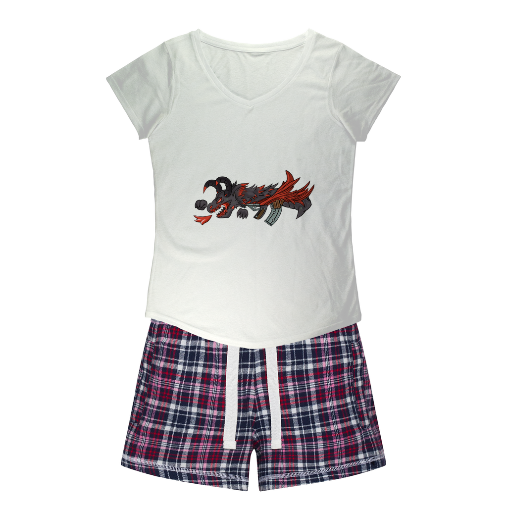 Red Dragon Gun Women's Sleepy Tee and Flannel Short set featuring a relaxed fit T-shirt and colorful flannel shorts, perfect for cozy nights.