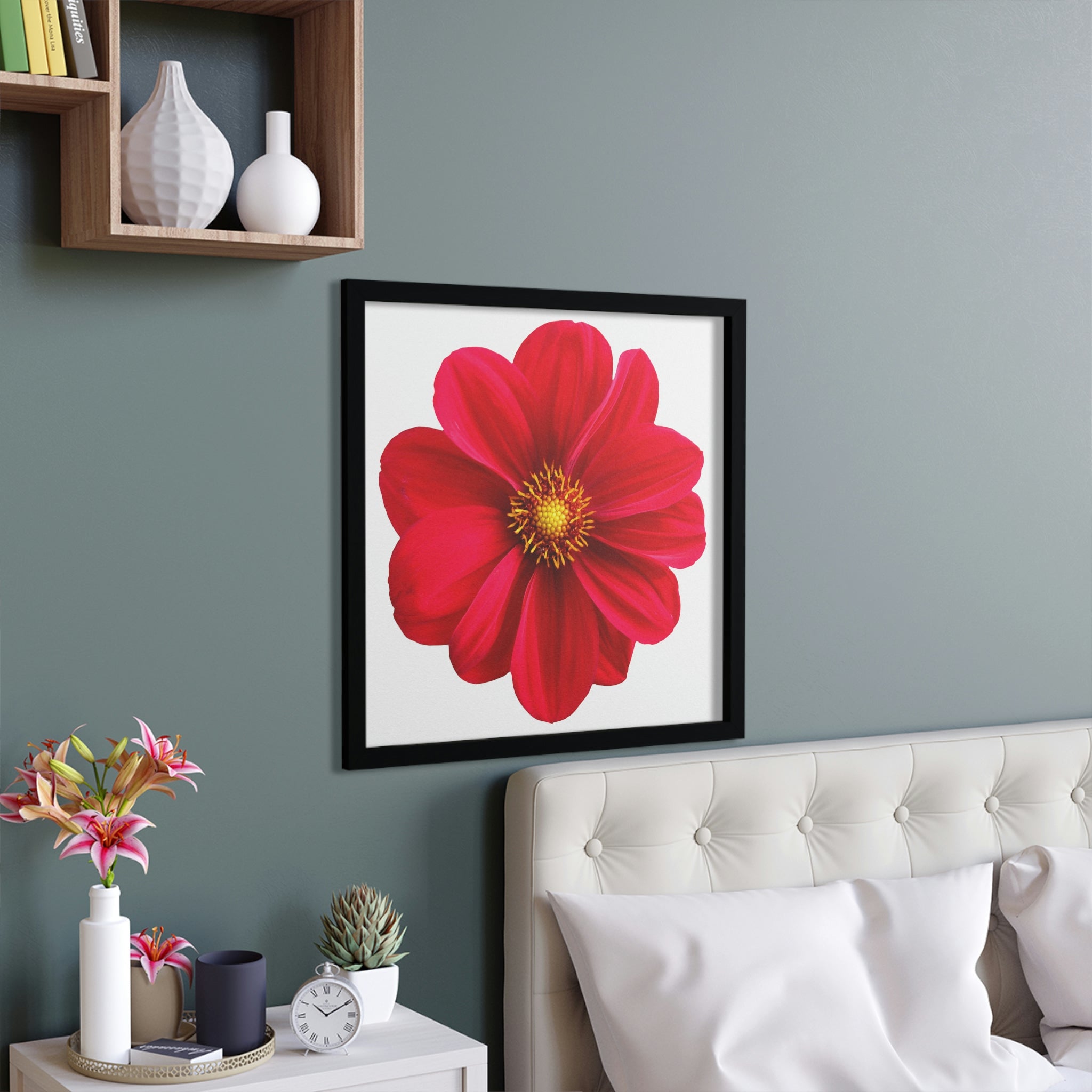 A vibrant red flower framed poster with a hand-crafted wooden frame, showcasing its elegant design and ready-to-hang feature.