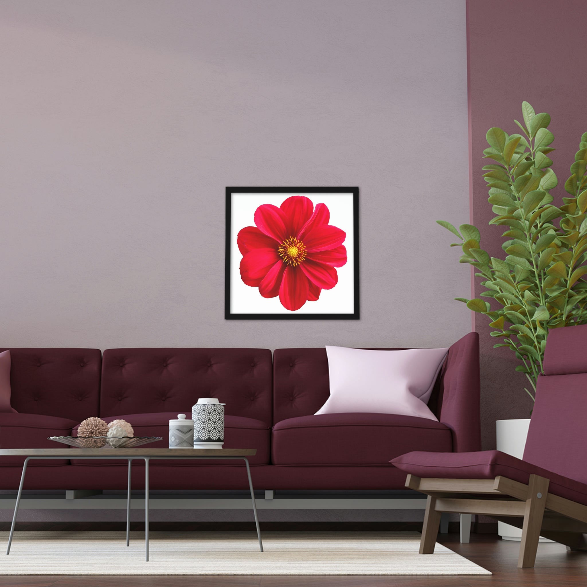 A vibrant red flower framed poster with a hand-crafted wooden frame, showcasing its elegant design and ready-to-hang feature.