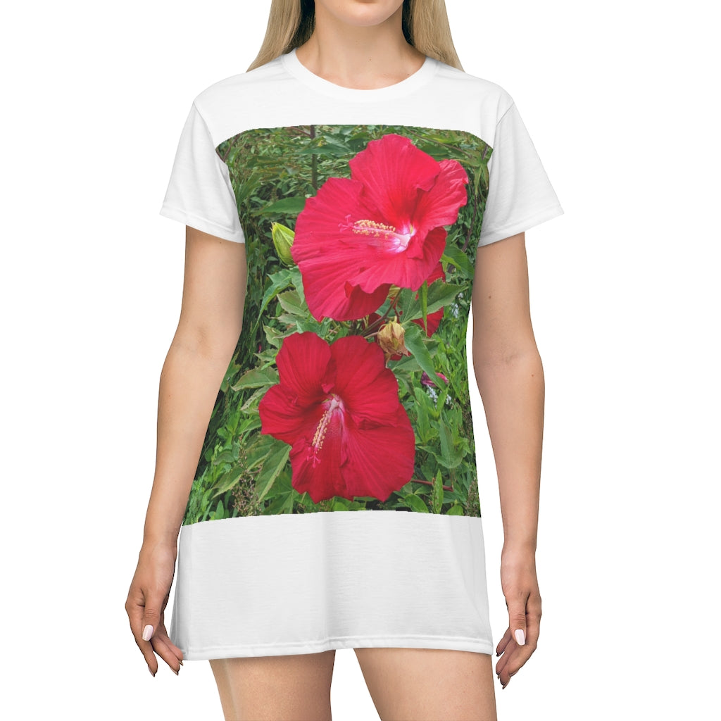 A vibrant red flowers all over print t-shirt dress, showcasing a stylish design perfect for casual and summer occasions.