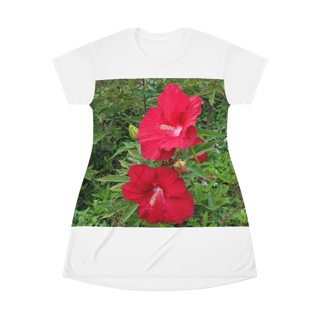 A vibrant red flowers all over print t-shirt dress, showcasing a stylish design perfect for casual and summer occasions.