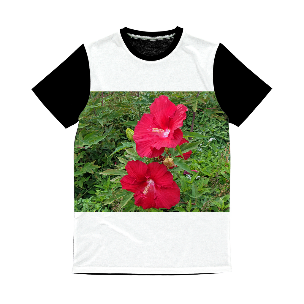 Red Flowers Classic Sublimation Panel T-Shirt featuring vibrant floral design on the front and plain black back, perfect for sublimation printing.